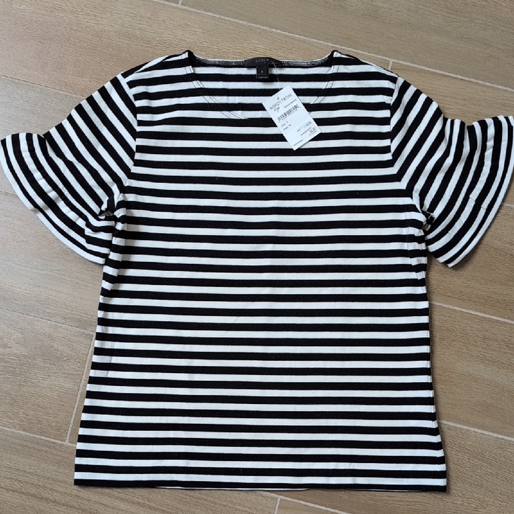 J Crew Black and White Striped Top With Ruffle Bell sleeves S. New